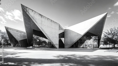 Dramatic black and white image of a strikingly angular concrete building with sharp geometric forms and large glass windows.