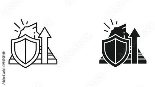 Black and white line icons of shield with arrow and stairs on white background for business security concept