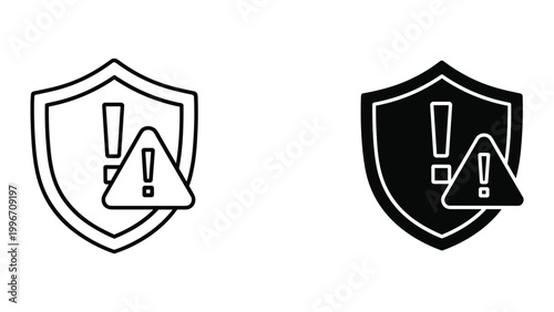 Black and white shield icons with exclamation marks on warning signs for security and alert concepts isolated on white background