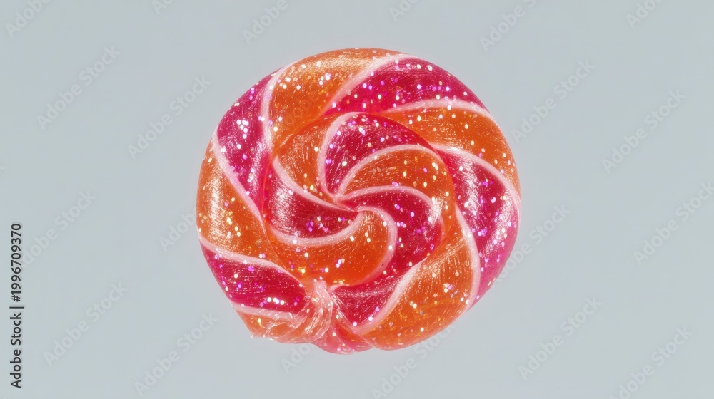 Obraz premium Single round swirl lollipop with vibrant pink and orange stripes covered in sparkling edible glitter on plain light gray background