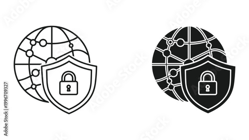 Black and white line icons of shield and lock on globe for cybersecurity and data protection isolated on white background