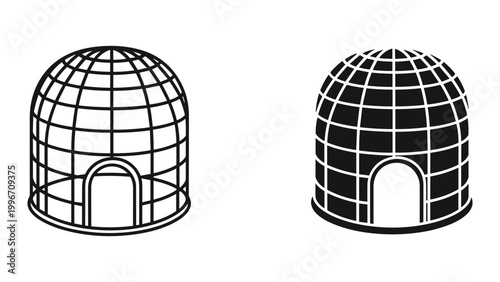 Vector illustration of two igloo cage structures in black and white on isolated white background