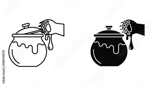 Vector illustration of a hand holding a cauldron with liquid dripping from it in black and white line art on white background