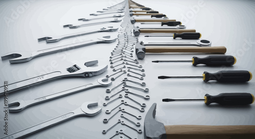 A creative arrangement of various tools, including hammers and wrenches, laid out in a symmetrical pattern resembling a Christmas tree