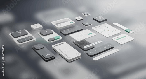 A comprehensive collection of sleek, modern user interface (UI) and user experience (UX) design elements, showcasing a minimalist digital design system for interactive applications