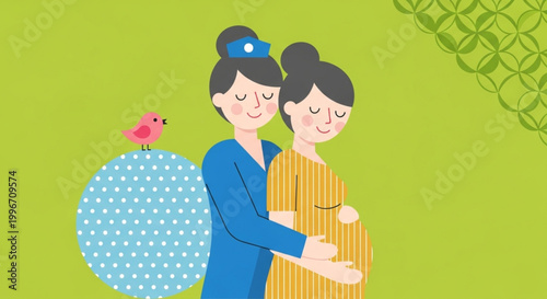  International Day of the Midwife nurse embracing a pregnant woman, symbolizing care, support, and maternal health on a soft green background with subtle decorative elements