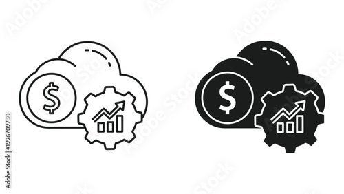 Black and white line icons of cloud storage with gear cog and dollar money coin on white background for business and finance concepts