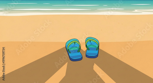 Abandoned blue flip flops on a sunny beach with shadows ocean waves in background summer vacation concept
