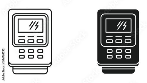 Vector illustration of two identical meter icons in black and white with lightning bolt on screen isolated on white background