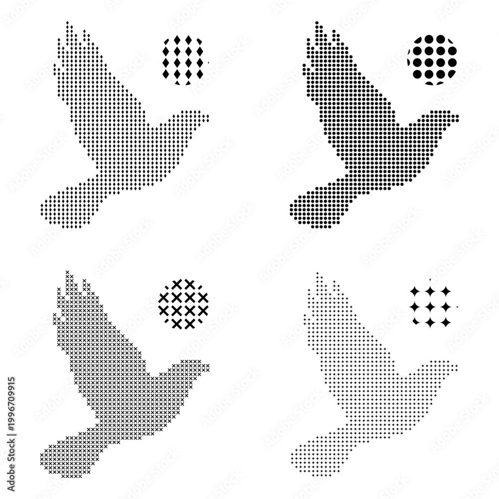 Obraz premium Set of flying bird silhouettes created with different halftone dot patterns and geometric shapes for creative logo and modern graphic design vector