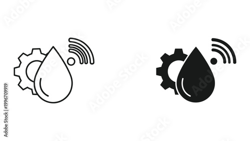 Black and white line icons of water drop with gear and wireless signal for technology or ecology concept isolated on white background