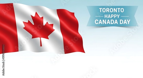 Canadian flag waving on canada day in toronto with a blue banner