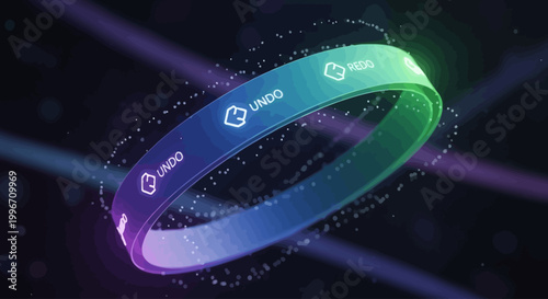 Vibrant digital undo concept visualized as a glowing, iridescent circular ring with ethereal particles, embodying interactive control, correction, and system recovery