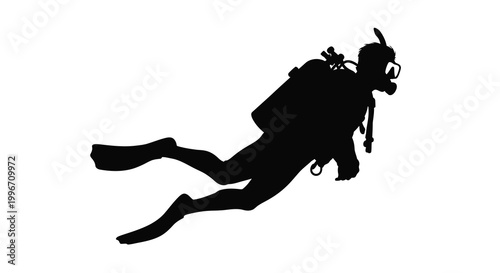 A scuba diver in full gear appears to swim forward a striking silhouette