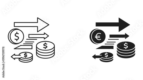 Vector illustration of black and white icons depicting money transfer and exchange with arrows and coins