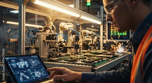 Engineer Working on Tablet in Modern Manufacturing Facility