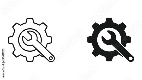Black and white line icons of a wrench and gear for maintenance or repair isolated on white background