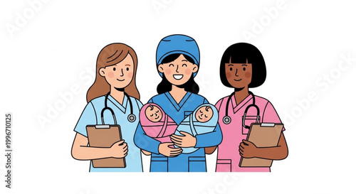  International Day of the Midwife A compassionate and skilled team of diverse female nurses providing exceptional care for newborns and mothers, representing dedicated healthcare workers