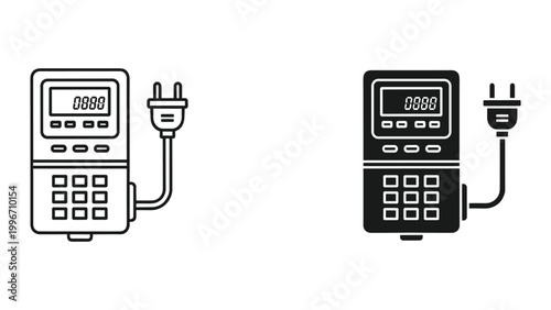 Vector illustration of electric meter icons with plug in black and white