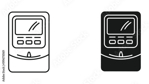 Vector illustration of a parking meter icon in black and white on isolated white background for urban and transportation themes