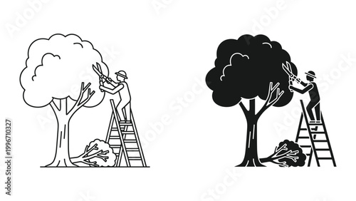 Black and white illustration of a man pruning a tree on a ladder with cut branches on the ground