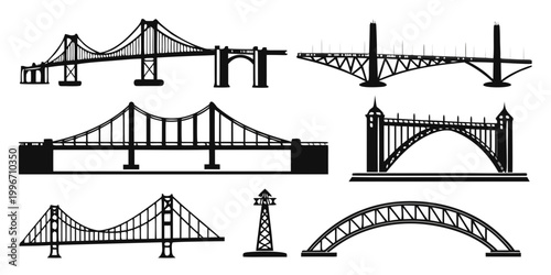 Foto Set of various bridge silhouettes featuring suspension arch and girder architect