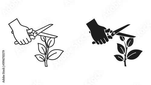 Vector illustration of a hand holding scissors cutting a plant branch with leaves on white background