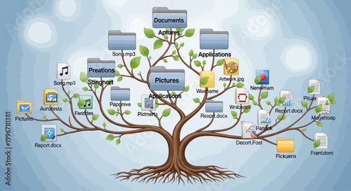 Digital information organization concept represented as a tree of files and folders on a computer system