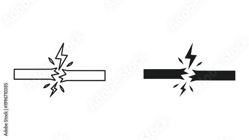 Black and white line break icons with lightning bolt cracks and sparks on isolated white background