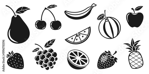 Slika na platnu Variety of fresh fruits and healthy food icons with watermelon strawberry pineap