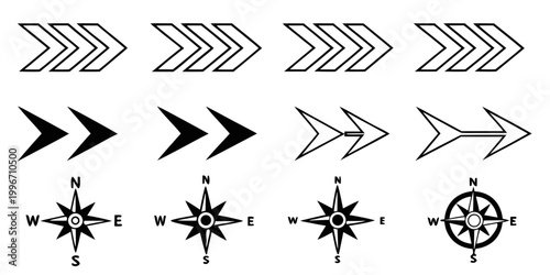 Foto Set of black and white directional arrow icons and navigational compass roses wi