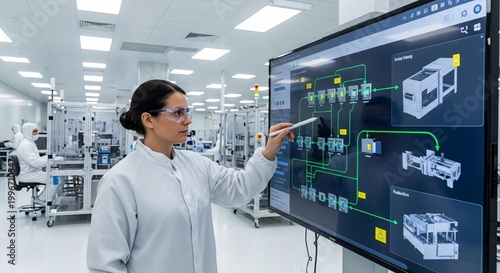 Female Technician Analyzing Data on Screen in Modern Manufacturing Facility