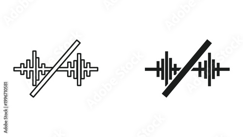 Vector icons of two crossed dumbbells with line through them in black and white on white background
