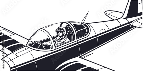 Schilderij op canvas Graphic illustration of a pilot flying a small propeller airplane detailed cockp