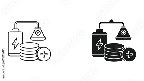 Black and white line icons of battery, coins and medical cross symbols on white background