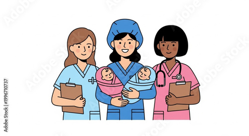  International Day of the Midwife Illustration of three nurses holding newborns, celebrating new life and medical care for infants