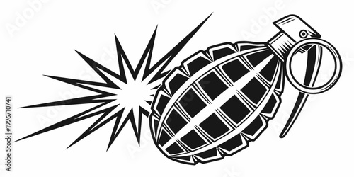 Fotografia Graphic silhouette of a hand grenade with explosive blast effect explosive explo
