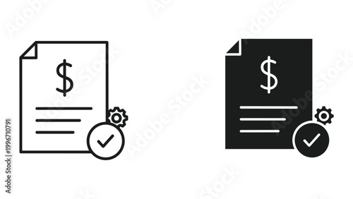 Black and white icons of documents with dollar sign and checkmark on a white background