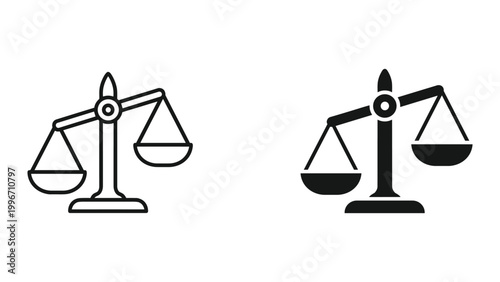 Two black and white scales icons for law and justice isolated on white background