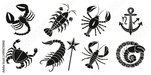 Photos Set of various crustaceans and marine life silhouette icons with crustacean scor