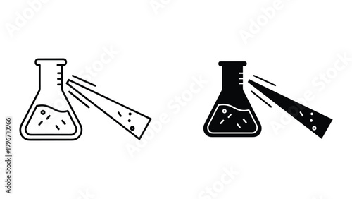 Black and white line icons of laboratory equipment with pipette adding substance to beaker
