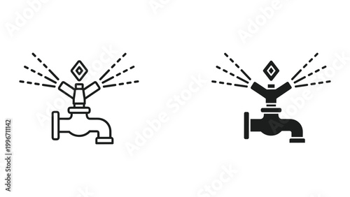 Black and white line icons of water taps with diamond on top and water spraying out isolated on white background