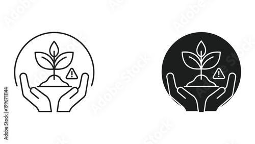 Black and white line icons of hands holding a plant with warning sign, symbolizing ecofriendly and sustainable practices in nature