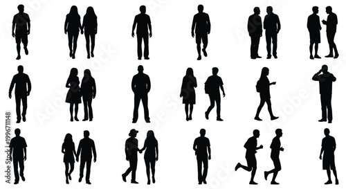 Various people in different poses and outfits are standing or walking on a plain background.