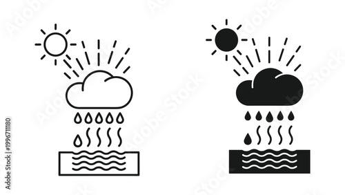 Weather icons with sun and rain clouds on white background