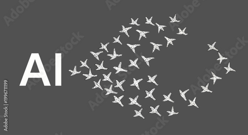 Visualizing artificial intelligence as an emergent force, with abstract elements coalescing into a dynamic flock of birds, symbolizing growth and digital evolution