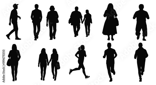 People walking and running in various poses on a plain background