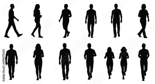 People walking in various directions on a plain background in silhouette