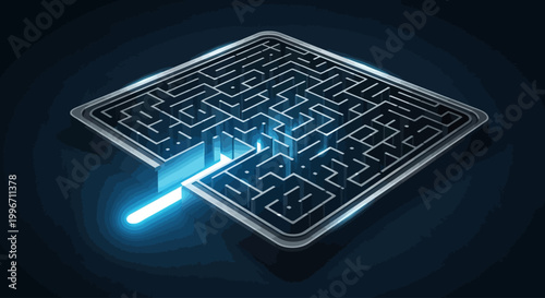 Navigating a complex digital labyrinth, a glowing blue pathway emerges, symbolizing success through intricate problem-solving and strategic planning