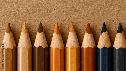 Close up macro shot of eight sharpened colored pencils in a row on textured brown paper showcasing warm earthy tones and art supplies